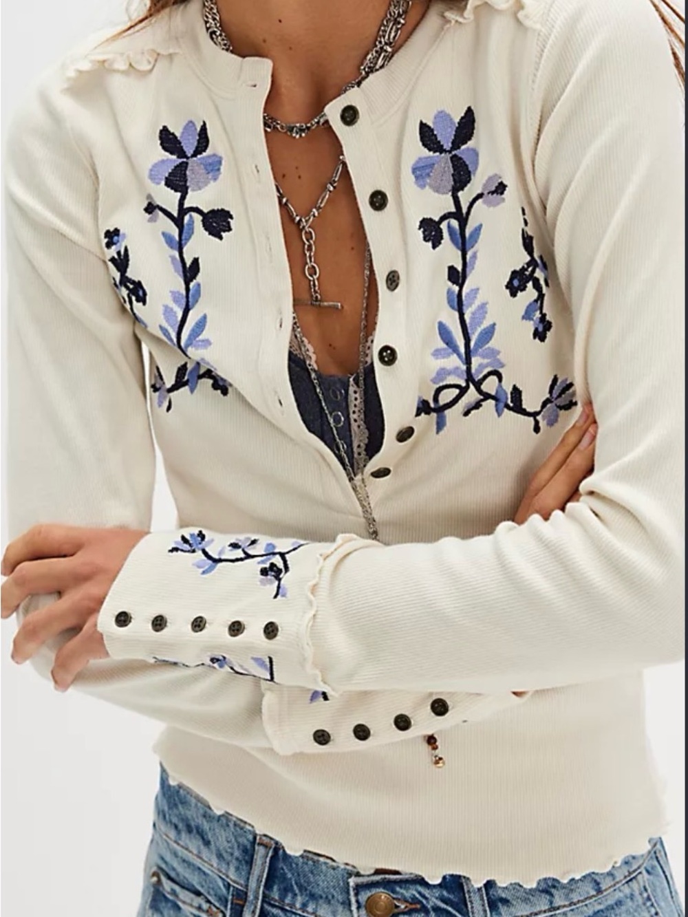 Free People Fleur Embroidered cuff Henley